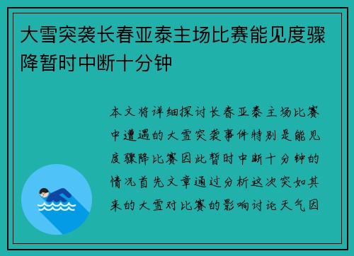 大雪突袭长春亚泰主场比赛能见度骤降暂时中断十分钟 大雪突袭长春亚泰主场比赛能见度骤降暂时中断十分钟